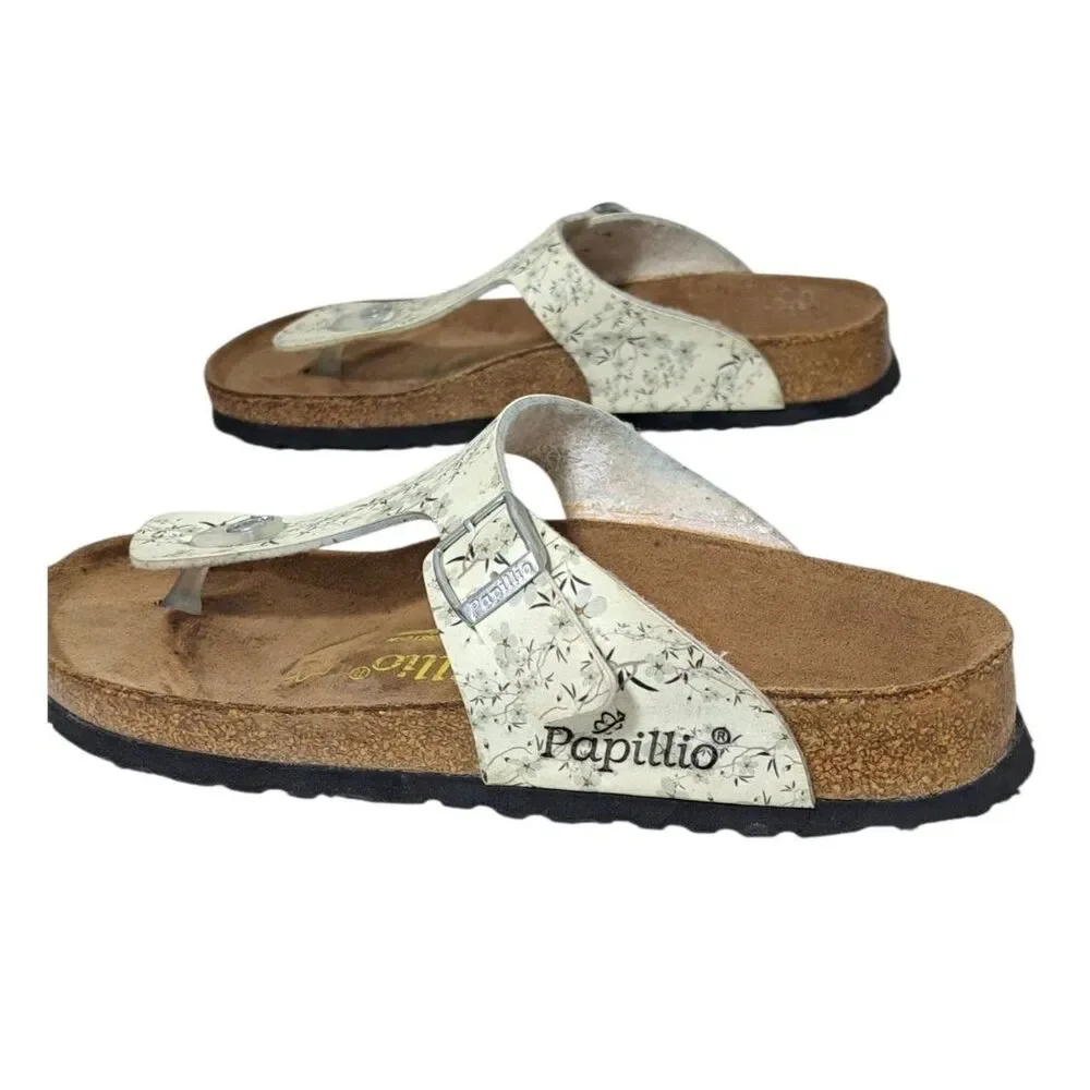 Birkenstock Papillio Women's Gizeh  White Gray Black Floral Comfort Sandals 38
